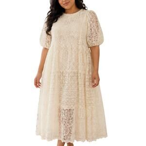 Coquette Cream Lace Puff Sleeve Midi Dress Medium Large by Imzzy NWT